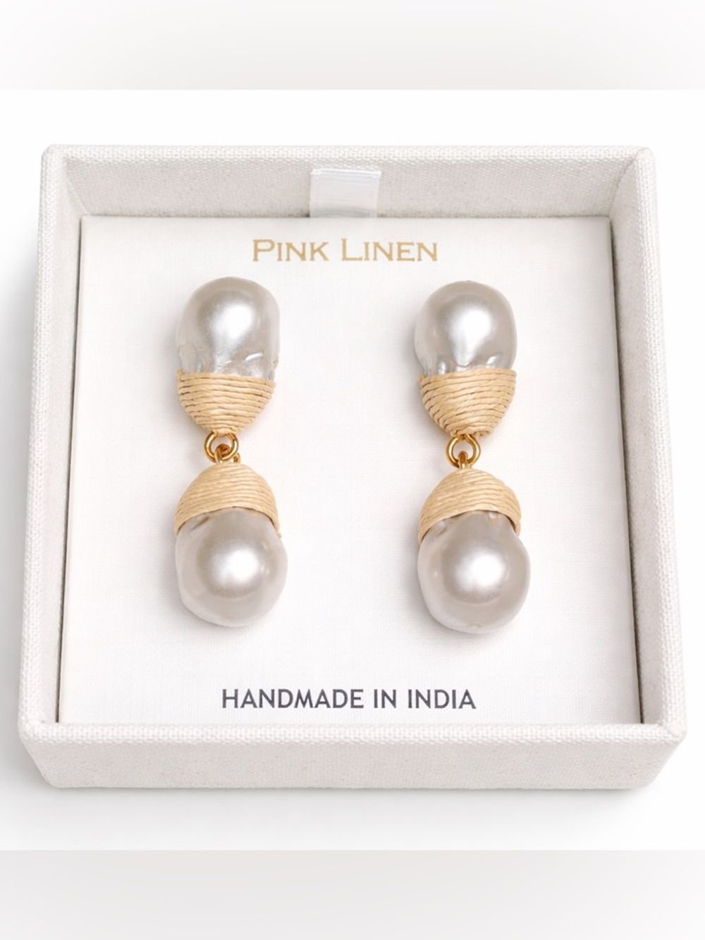 Pink Linen NWT Baroque Pearl Raffia Drop Earring Handmade India Organic Chic NIB